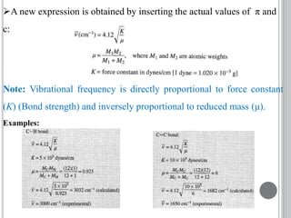 A new expression is obtained by inserting the actual values of π and
c:
Examples:
Note: Vibrational frequency is directly proportional to force constant
(K) (Bond strength) and inversely proportional to reduced mass (μ).
 