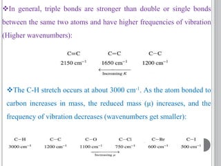 In general, triple bonds are stronger than double or single bonds
between the same two atoms and have higher frequencies of vibration
(Higher wavenumbers):
The C-H stretch occurs at about 3000 cm-1. As the atom bonded to
carbon increases in mass, the reduced mass (μ) increases, and the
frequency of vibration decreases (wavenumbers get smaller):
 