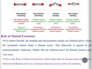 For carbon dioxide, the bending and antisymmetric modes are infrared active, while
the symmetric stretch mode is Raman active. This behaviour is typical of all
centrosymmetric molecules. Modes that are infrared active are Raman inactive and
vice versa.
This is the Rule of Mutual Exclusion, which states that no normal mode can be both
infrared and Raman active in a molecule that possesses a centre of symmetry.
Rule of Mutual Exclusion:
 