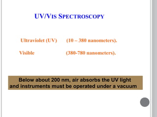 UV/VIS SPECTROSCOPY
Ultraviolet (UV) (10 – 380 nanometers).
Visible (380-780 nanometers).
Below about 200 nm, air absorbs the UV light
and instruments must be operated under a vacuum
 