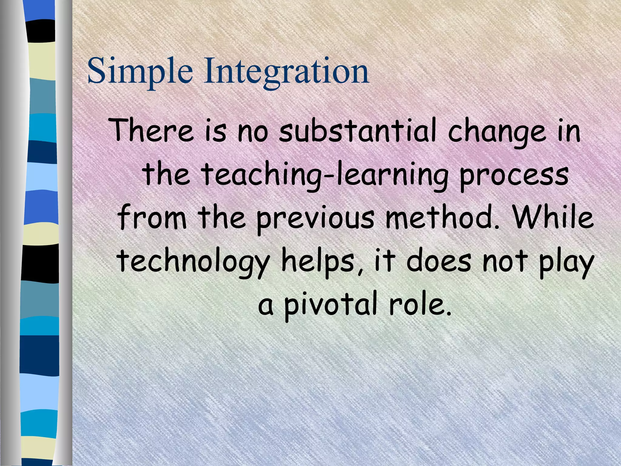 Simple Integration There is no substantial change in the teaching-learning process from the previous method. While technology helps, it does not play a pivotal role. 