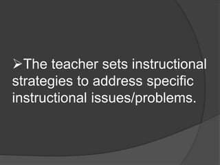 The teacher sets instructional 
strategies to address specific 
instructional issues/problems. 
 