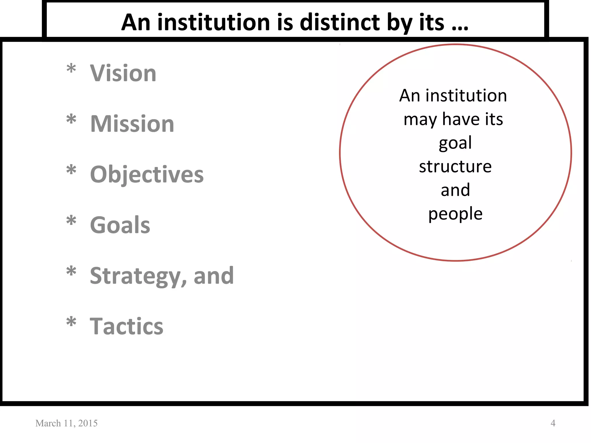An institution is distinct by its …
* Vision
* Mission
* Objectives
* Goals
* Strategy, and
* Tactics
March 11, 2015 4
An institution
may have its
goal
structure
and
people
 