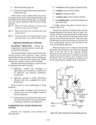 ·    Aluminum trailing edge cap                                     ·    A reservoir to hold a supply of hydraulic fluid
    ·    Aluminum or polyurethane and nickel abrasion                   ·    A pump to provide a flow of fluid
         leading edge strip
                                                                        ·    Tubing to transmit the fluid
    Additionally, rotary rudder blades may have
deicing provisions, such as electrothermal blankets that                ·    A selector valve to direct the flow of fluid
are bonded into the blade's leading edge. or a neoprene                 ·    An actuating unit to convert the fluid pressure
anti-icing guard embedded with electrical heating                            into useful work
elements.
Q4-17. What is the main advantage of rotary-wing                       A simple system using these essential units is
          aircraft over fixed-wing aircraft?                        shown in figure 4-21.

Q4-18.    What are the three types of landing gear used                  You can trace the flow of fluid from the reservoir
          on helicopters?                                           through the pump to the selector valve. In figure 4-21,
                                                                    the flow of fluid created by the pump flows through the
Q4-19.    The directional control and antitorque action             valve to the right end of the actuating cylinder. Fluid
          of the helicopter is provided by what group?              pressure forces the piston to the left. At the same time,
                                                                    the fluid that is on the left of the piston is forced out. It
        AIRCRAFT HYDRAULIC SYSTEMS                                  goes up through the selector valve and back to the
                                                                    reservoir through the return line.
    LEARNING OBJECTIVE: Identify the
    components of aircraft hydraulic systems and                        When the selector valve is moved to the position
    recognize their functions.                                      indicated by the dotted lines, the fluid from the pump
                                                                    flows to the left side of the actuating cylinder.
    The aircraft hydraulic systems found on most naval              Movement of the piston can be stopped at any time
aircraft perform many functions. Some systems                       simply by moving the selector valve to neutral. When
operated by hydraulics are flight controls, landing gear,           the selector valve is in this position, all four ports are
speed brakes, fixed-wing and rotary-wing folding                    closed, and pressure is trapped in both working lines.
mechanisms, auxiliary systems, and wheel brakes.
    Hydraulics has many advantages as a power source
for operating these units on aircraft.
                                                                                              RESERVOIR
    ·    Hydraulics combine the advantages of
         lightweight, ease of installation, simplification
         of inspection, and minimum maintenance
         requirements.
                                                                                              PRESSURE
                                                                                                LINE
    ·    Hydraulics operation is almost 100-percent
         efficient, with only a negligible loss due to
         fluid friction.
                                                                                  HAND
   However, there are some disadvantages to using                                 PUMP
hydraulics.                                                         RETURN
                                                                     LINE
                                                                                                           SELECTOR VALVE
    ·    The possibility of leakage, both internal and                                                        IN "DOWN"
         external, may cause the complete system to                                                            POSITION
         become inoperative.                                                                                   SELECTOR VALVE
                                                                                                                   IN "UP"
    ·    Contamination by foreign matter in the system                                                            POSITION
         can cause malfunction of any unit. Cleanliness                                                          WORKING
         in hydraulics cannot be overemphasized.                                                                  LINES


COMPONENTS OF A BASIC HYDRAULIC                                      ANF0421                                  ACTUATING
SYSTEM                                                                                                          UNIT


     Basically, any hydraulic system contains the
                                                                     Figure 4-21.—Basic hydraulic system, hand pump operated.
following units:


                                                             4-19
 
