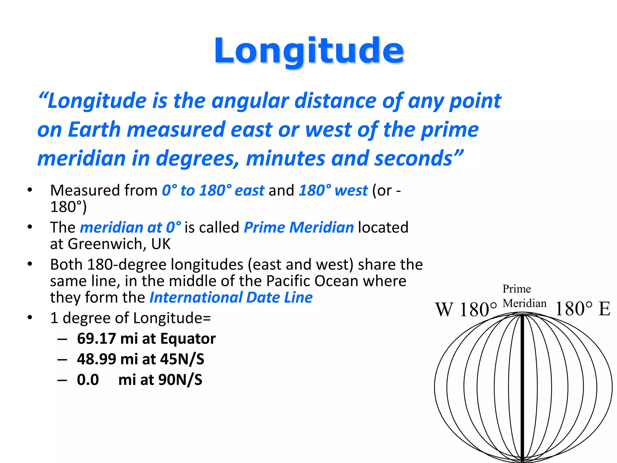 Longitude
“Longitude is the angular distance of any point
on Earth measured east or west of the prime
meridian in degrees, minutes and seconds”
• Measured from 0° to 180° east and 180° west (or -
180°)
• The meridian at 0° is called Prime Meridian located
at Greenwich, UK
• Both 180-degree longitudes (east and west) share the
same line, in the middle of the Pacific Ocean where
they form the International Date Line
• 1 degree of Longitude=
– 69.17 mi at Equator
– 48.99 mi at 45N/S
– 0.0 mi at 90N/S
W 180° 180° E
Prime
Meridian
 