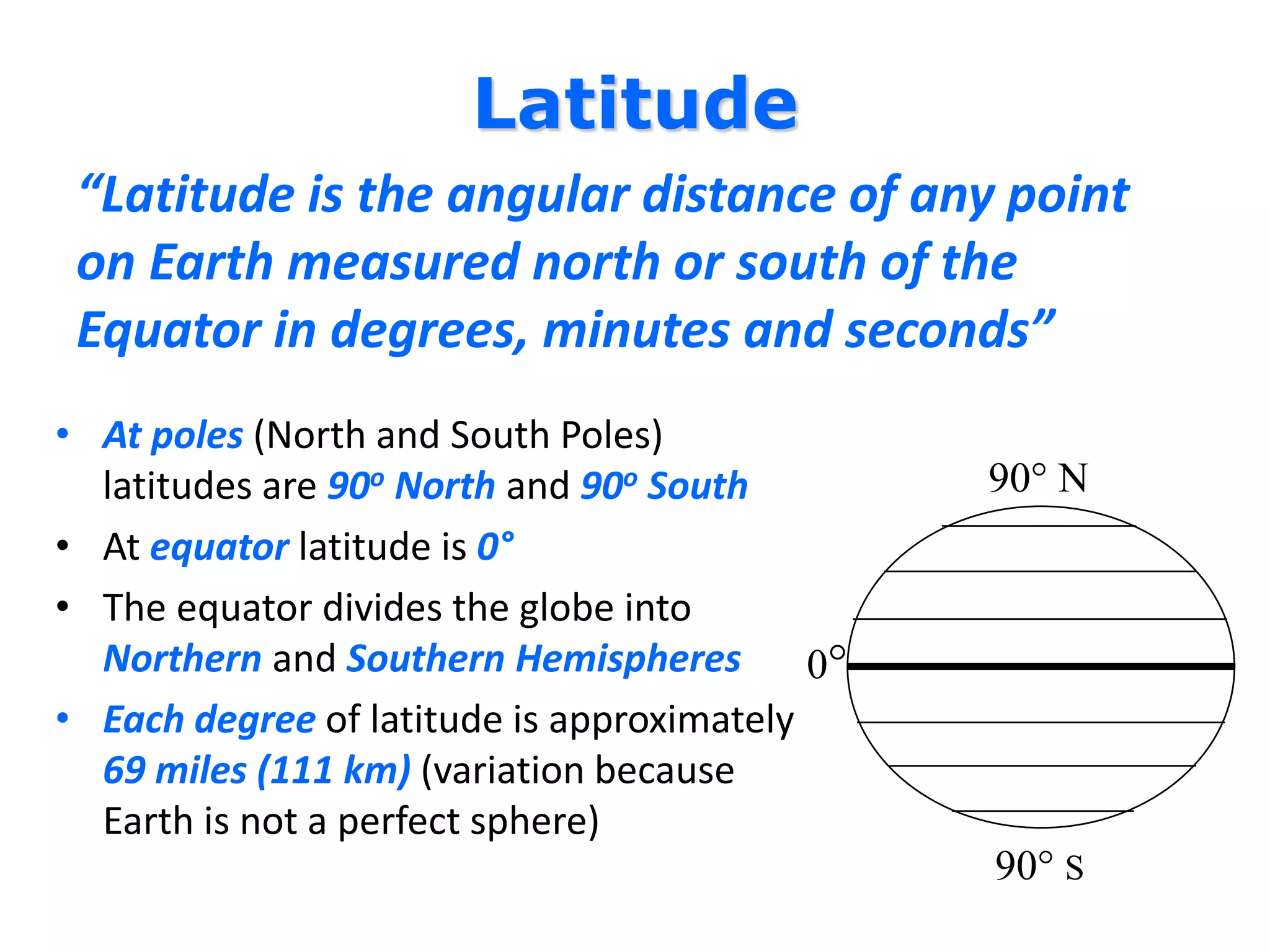 Latitude
“Latitude is the angular distance of any point
on Earth measured north or south of the
Equator in degrees, minutes and seconds”
• At poles (North and South Poles)
latitudes are 90o North and 90o South
• At equator latitude is 0°
• The equator divides the globe into
Northern and Southern Hemispheres
• Each degree of latitude is approximately
69 miles (111 km) (variation because
Earth is not a perfect sphere)
90° N
90° S
0°
 