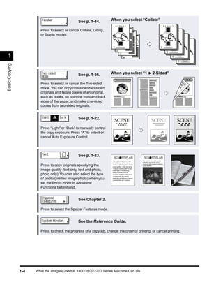 See p. 1-44.          When you select “Collate”
                                                                           REPORT                                                                 REPORT

                        Press to select or cancel Collate, Group,                                                                                      REPORT

                        or Staple modes.                                                                                                                    REPORT

                                                                                                                                                                 REPORT


                                                                       1                                                                   1
                                                                             2                                                                     1
                                                                                   3
 1                                                                                       4                                                              1
                                                                                                                                                             1
Basic Copying




                                                See p. 1-56.          When you select “1                                     2-Sided”

                        Press to select or cancel the Two-sided
                        mode. You can copy one-sided/two-sided
                        originals and facing pages of an original,
                        such as books, on both the front and back
                        sides of the paper, and make one-sided
                        copies from two-sided originals.


                                                See p. 1-22.
                                                                          SCENE                                            SCENE                             SCENE
                        Press “Light” or “Dark” to manually control
                        the copy exposure. Press “A” to select or
                        cancel Auto Exposure Control.




                                                See p. 1-23.
                                                                       The world’s coral reefs, where        The world’s coral reefs, where
                                                                       brilliantly colored fish and a        brilliantly colored fish and a
                                                                                                             myriad of other tropical creatures
                        Press to copy originals specifying the         myriad of other tropical creatures
                                                                       come together. Aptly nicknamed
                                                                                                             come together.

                                                                       “Tropical Forests under the sea”,
                        image quality (text only, text and photo,      these spots of breathtaking
                                                                       beauty serve as home to
                        photo only). You can also select the type      countless varieties of life, and to
                                                                       us of the land, this alluring,
                        of photo (printed image/photo) when you        dream-like world forms a tropical
                                                                       paradise filled with romance.

                        set the Photo mode in Additional
                        Functions beforehand.


                                                See Chapter 2.

                        Press to select the Special Features mode.


                                                See the Reference Guide.

                        Press to check the progress of a copy job, change the order of printing, or cancel printing.




                1-4   What the imageRUNNER 3300/2800/2200 Series Machine Can Do
 
