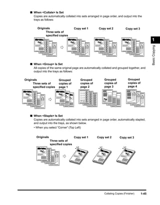 ■ When <Collate> Is Set
       Copies are automatically collated into sets arranged in page order, and output into the
       trays as follows:


               Originals                                         Copy set 1                  Copy set 2                 Copy set 3
                     Three sets of
                     speciﬁed copies
                                                                                                                                                  1




                                                                                                                                                  Basic Copying
                1                                            1                               1                          1
                         2                                           2                           2                            2
                                 3                                       3                             3                           3
                                         4                                   4                             4                           4




     ■ When <Group> Is Set
       All copies of the same original page are automatically collated and grouped together, and
       output into the trays as follows:

Originals                                        Grouped                 Grouped                     Grouped                Grouped
      Three sets of                              copies of               copies of                   copies of              copies of
      speciﬁed copies                            page 1                  page 2                      page 3                 page 4




 1                                               1                           2                         3                      4
      2                                              1                           2                         3                       4
           3                                             1                           2                         3                       4
                 4




     ■ When <Staple> Is Set
       Copies are automatically collated into sets arranged in page order, automatically stapled,
       and output into the trays, as shown below.
          • When you select “Corner” (Top Left)


               Originals                                         Copy set 1              Copy set 2                Copy set 3
                                     Three sets of
                                     speciﬁed copies




                     1
                             2                                   1                       1                          1
                                     3
                                             4




                                                                                                     Collating Copies (Finisher)           1-45
 