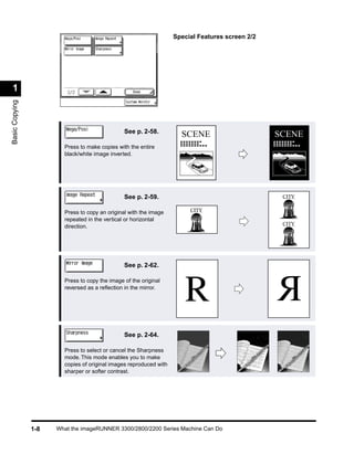 Special Features screen 2/2




 1
Basic Copying




                                                See p. 2-58.
                                                                      SCENE                       SCENE
                        Press to make copies with the entire
                        black/white image inverted.




                                                See p. 2-59.                                       CITY

                        Press to copy an original with the image         CITY
                        repeated in the vertical or horizontal
                        direction.                                                                 CITY




                                                See p. 2-62.

                        Press to copy the image of the original
                        reversed as a reﬂection in the mirror.




                                                See p. 2-64.

                        Press to select or cancel the Sharpness
                        mode. This mode enables you to make
                        copies of original images reproduced with
                        sharper or softer contrast.




                1-8   What the imageRUNNER 3300/2800/2200 Series Machine Can Do
 