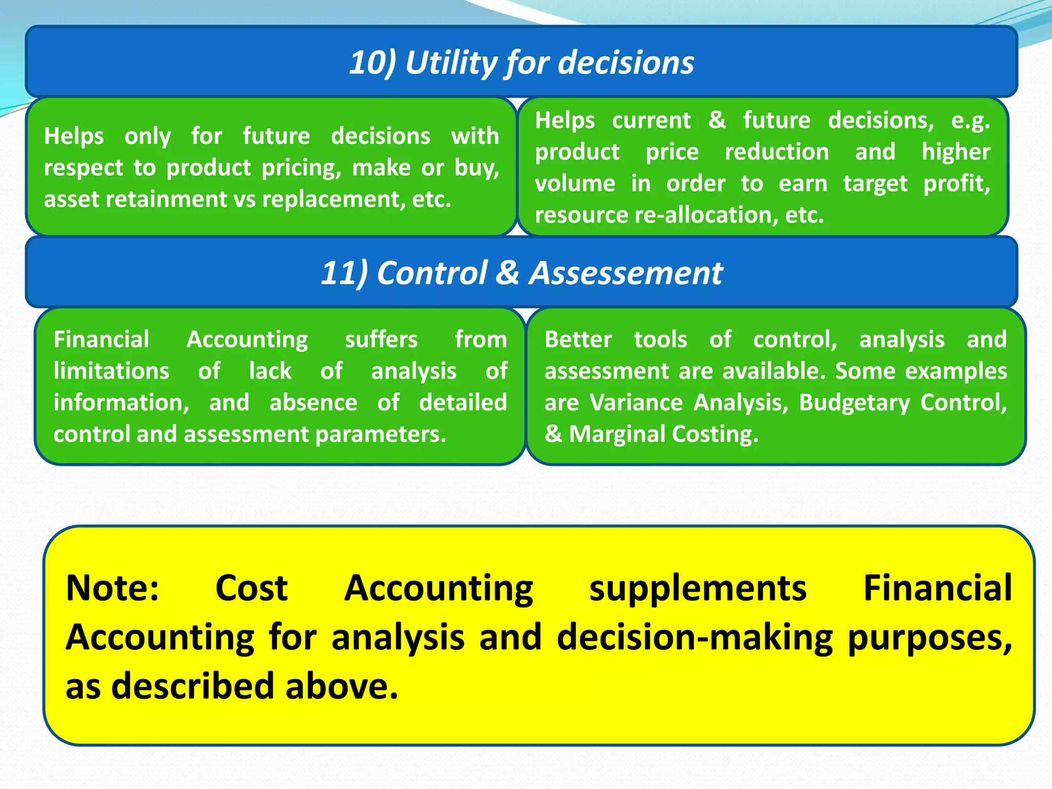 10) Utility for decisions
Helps only for future decisions with
respect to product pricing, make or buy,
asset retainment vs replacement, etc.
Helps current & future decisions, e.g.
product price reduction and higher
volume in order to earn target profit,
resource re-allocation, etc.
Note: Cost Accounting supplements Financial
Accounting for analysis and decision-making purposes,
as described above.
Financial Accounting suffers from
limitations of lack of analysis of
information, and absence of detailed
control and assessment parameters.
Better tools of control, analysis and
assessment are available. Some examples
are Variance Analysis, Budgetary Control,
& Marginal Costing.
11) Control & Assessement
 