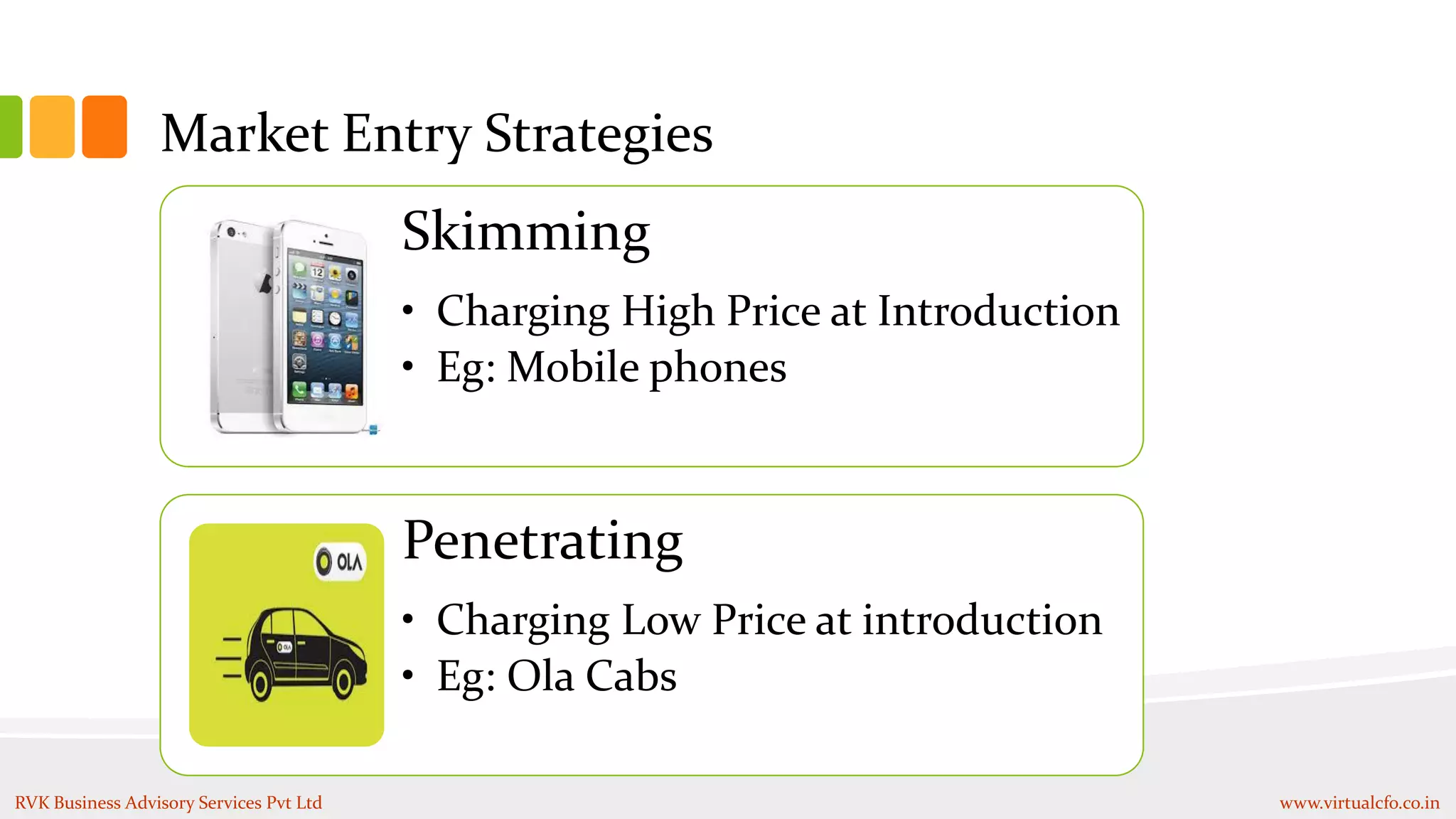 Market Entry Strategies
Skimming
• Charging High Price at Introduction
• Eg: Mobile phones
Penetrating
• Charging Low Price at introduction
• Eg: Ola Cabs
RVK Business Advisory Services Pvt Ltd www.virtualcfo.co.in
 