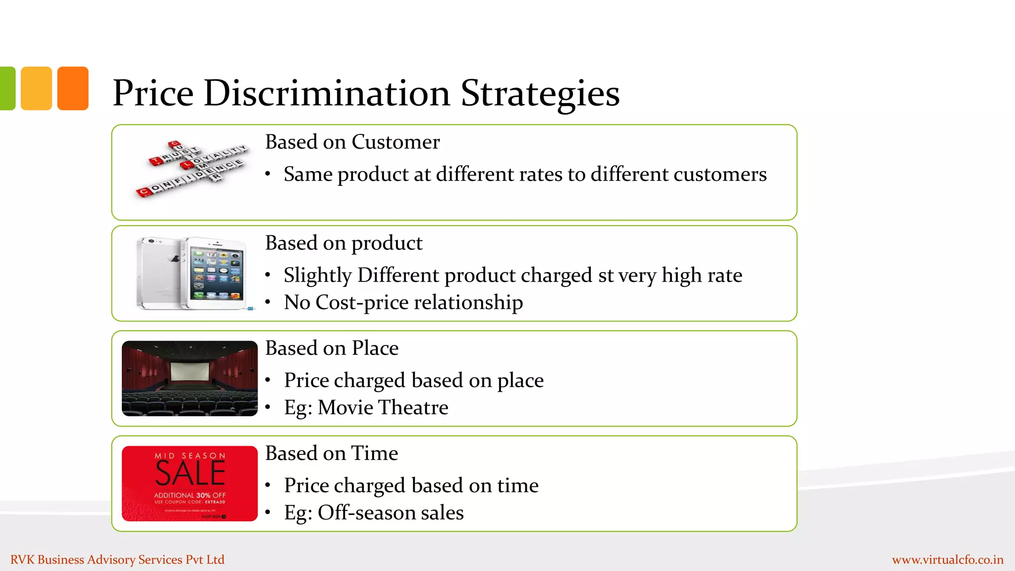 Price Discrimination Strategies
Based on Customer
• Same product at different rates to different customers
Based on product
• Slightly Different product charged st very high rate
• No Cost-price relationship
Based on Place
• Price charged based on place
• Eg: Movie Theatre
Based on Time
• Price charged based on time
• Eg: Off-season sales
RVK Business Advisory Services Pvt Ltd www.virtualcfo.co.in
 