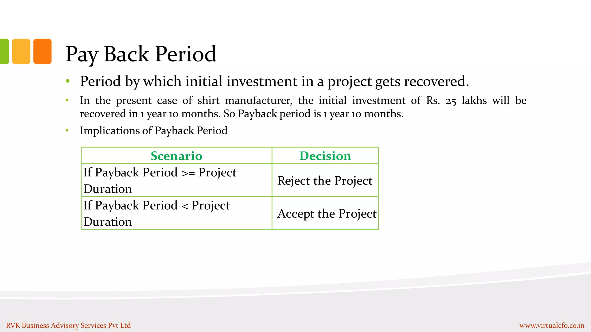 Pay Back Period
• Period by which initial investment in a project gets recovered.
• In the present case of shirt manufacturer, the initial investment of Rs. 25 lakhs will be
recovered in 1 year 10 months. So Payback period is 1 year 10 months.
• Implications of Payback Period
Scenario Decision
If Payback Period >= Project
Duration
Reject the Project
If Payback Period < Project
Duration
Accept the Project
RVK Business Advisory Services Pvt Ltd www.virtualcfo.co.in
 