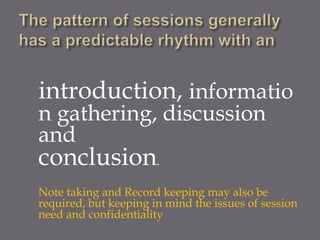 introduction, informatio
n gathering, discussion
and
conclusion.
Note taking and Record keeping may also be
required, but keeping in mind the issues of session
need and confidentiality
 