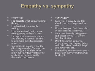                                        
    EMPATHY                                 SYMPATHY
                                       
    I appreciate what you are going         Poor you! It is really sad this
    through                                 should not have happened to

    I understand you must be                you
                                        
    feeling                                 I know how you feel. I was also

    I can understand that you are           in the same situation once.
                                        
    feeling angry with your boss.           Your boss is really being mean

    I accept that you are very scare        and unfair to you – It is very
    and unsure, if you will be able         horrible of him.
                                        
    to deal with the situation right        Don’t be scared! You are a
    now……                                   strong grown, up human being

    Just sitting in silence while the       and I am behind and will help
    client expresses his/ her sorrow        you however I can.
                                        
    by crying; it is all right to let       I am feeling very sorry for you –
    him/ her fully feel whatever he         please don’t cry everything will
    or she is feeling and just be           be alright.
    there with the person
 