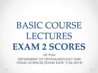 BASIC COURSE 
LECTURES 
EXAM 2 SCORES 
UP-PGH 
DEPARTMENT OF OPHTHALMOLOGY AND 
VISUAL SCIENCES (EXAM DATE: 9/26/2014) 
 