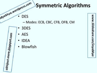 Symmetric Algorithms
• DES
– Modes: ECB, CBC, CFB, OFB, CM
• 3DES
• AES
• IDEA
• Blowfish
 