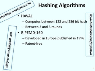 Hashing Algorithms
• HAVAL
– Computes between 128 and 256 bit hash
– Between 3 and 5 rounds
• RIPEMD-160
– Developed in Europe published in 1996
– Patent-free
20
 