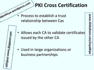 PKI Cross Certification
• Process to establish a trust
relationship between Cas
• Allows each CA to validate certificates
issued by the other CA
• Used in large organizations or
business partnerships
 