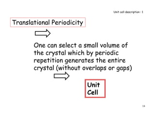 14
Translational Periodicity
One can select a small volume of
the crystal which by periodic
repetition generates the entire
crystal (without overlaps or gaps)
Unit
Cell
Unit cell description : 1
 