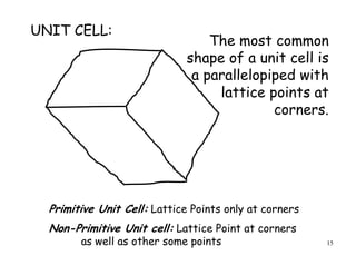 15
The most common
shape of a unit cell is
a parallelopiped with
lattice points at
corners.
UNIT CELL:
Primitive Unit Cell: Lattice Points only at corners
Non-Primitive Unit cell: Lattice Point at corners
as well as other some points
 