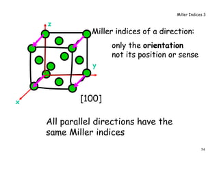 54
y
z
Miller indices of a direction:
only the orientation
not its position or sense
All parallel directions have the
same Miller indices
[100]x
Miller Indices 3
 
