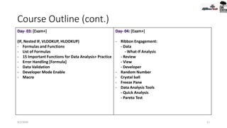 Course Outline (cont.)
9/2/2020 11
(IF, Nested IF, VLOOKUP, HLOOKUP)
- Formulas and Functions
- List of Formulas
- 15 Important Functions for Data Analysis+ Practice
- Error Handling [Formula]
- Data Validation
- Developer Mode Enable
- Macro
- Ribbon Engagement:
- Data
- What-If Analysis
- Review
- View
- Developer
- Random Number
- Crystal ball
- Freeze Pane
- Data Analysis Tools
- Quick Analysis
- Pareto Test
 