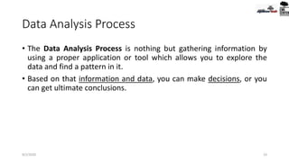 Data Analysis Process
• The Data Analysis Process is nothing but gathering information by
using a proper application or tool which allows you to explore the
data and find a pattern in it.
• Based on that information and data, you can make decisions, or you
can get ultimate conclusions.
9/2/2020 23
 