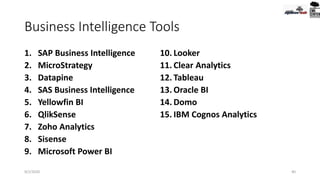 Business Intelligence Tools
1. SAP Business Intelligence
2. MicroStrategy
3. Datapine
4. SAS Business Intelligence
5. Yellowfin BI
6. QlikSense
7. Zoho Analytics
8. Sisense
9. Microsoft Power BI
10. Looker
11. Clear Analytics
12. Tableau
13. Oracle BI
14. Domo
15. IBM Cognos Analytics
9/2/2020 40
 
