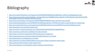Bibliography
• https://encrypted-tbn0.gstatic.com/images?q=tbn%3AANd9GcSkM6dHyCLSnqMbLj4z2a_eM5VrnxrouKQQng&usqp=CAU
• https://www.researchgate.net/profile/Abbas_Wahab/publication/330988181/figure/fig1/AS:724465180762112@1549737367087
/Knowledge-Discovery-in-Database-KDD-Process.png
• https://community.tableau.com/s/question/0D54T00000CWeX8SAL/sample-superstore-sales-excelxls
• https://static8.depositphotos.com/1023803/970/i/450/depositphotos_9707546-stock-photo-analyzing-data-on-computer.jpg
• https://encrypted-tbn0.gstatic.com/images?q=tbn%3AANd9GcQsf0zs4m-tSzsUOJdNPR2UhmqUlGiFo07I6A&usqp=CAU
• https://www.excel-easy.com/data-analysis.html
• https://revolution-computing.typepad.com/.a/6a010534b1db25970b01901c38e94d970b-pi
• https://mopinion.com/business-intelligence-bi-tools-overview/
• https://olap.com/learn-bi-olap/olap-bi-definitions/business-intelligence/
• https://www.greycampus.com/opencampus/minitab/introduction-on-minitab
• https://statanalytica.com/blog/excel-vs-minitab/
• https://www.ktvn.com/story/41067230/the-top-10-types-of-data-visualization-made-simple
• https://www.guru99.com/what-is-data-analysis.html
• https://www.datapine.com/blog/data-analysis-methods-and-techniques/
9/2/2020 67
 