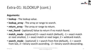 Extra-01: XLOOKUP (cont.)
Arguments:
• lookup - The lookup value.
• lookup_array - The array or range to search.
• return_array - The array or range to return.
• not_found - [optional] Value to return if no match found.
• match_mode - [optional] 0 = exact match (default), -1 = exact match
or next smallest, 1 = exact match or next larger, 2 = wildcard match.
• search_mode - [optional] 1 = search from first (default), -1 = search
from last, 2 = binary search ascending, -2 = binary search descending.
09-Sep-20
Content sources are mentioned in bottom 03 Slides |
redwan.contact@gmail.com
41
 