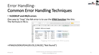 Error Handling-
Common Error Handling Techniques
• VLOOKUP and #N/A errors
One way to "trap" the NA error is to use the IFNA function like this:
The formula in H6 is:
=IFNA(VLOOKUP(H4,B5:E9,2,FALSE),"Not found")
09-Sep-20
Content sources are mentioned in bottom 03 Slides |
redwan.contact@gmail.com
71
 