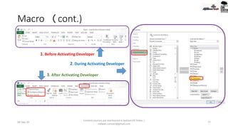 Macro (cont.)
1. Before Activating Developer
2. During Activating Developer
3. After Activating Developer
09-Sep-20
Content sources are mentioned in bottom 03 Slides |
redwan.contact@gmail.com
77
 