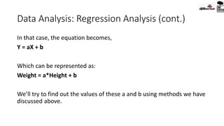 Data Analysis: Regression Analysis (cont.)
In that case, the equation becomes,
Y = aX + b
Which can be represented as:
Weight = a*Height + b
We’ll try to find out the values of these a and b using methods we have
discussed above.
 