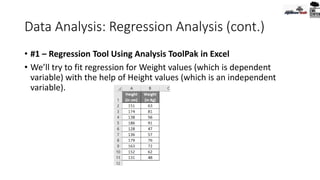 Data Analysis: Regression Analysis (cont.)
• #1 – Regression Tool Using Analysis ToolPak in Excel
• We’ll try to fit regression for Weight values (which is dependent
variable) with the help of Height values (which is an independent
variable).
 