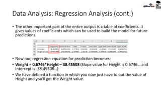 Data Analysis: Regression Analysis (cont.)
• The other important part of the entire output is a table of coefficients. It
gives values of coefficients which can be used to build the model for future
predictions.
• Now our, regression equation for prediction becomes:
• Weight = 0.6746*Height – 38.45508 (Slope value for Height is 0.6746… and
Intercept is -38.45508…)
• We have defined a function in which you now just have to put the value of
Height and you’ll get the Weight value.
 