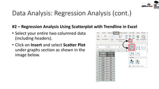 Data Analysis: Regression Analysis (cont.)
#2 – Regression Analysis Using Scatterplot with Trendline in Excel
• Select your entire two columned data
(including headers).
• Click on Insert and select Scatter Plot
under graphs section as shown in the
image below.
 