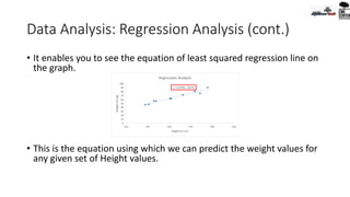 Data Analysis: Regression Analysis (cont.)
• It enables you to see the equation of least squared regression line on
the graph.
• This is the equation using which we can predict the weight values for
any given set of Height values.
 