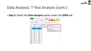 Data Analysis: T-Test Analysis (cont.)
• Step 1: Select the Data Analysis option under the DATA tab.
 