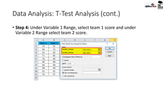 Data Analysis: T-Test Analysis (cont.)
• Step 4: Under Variable 1 Range, select team 1 score and under
Variable 2 Range select team 2 score.
 