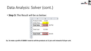 Data Analysis: Solver (cont.)
• Step 3: The Result will be as below:
So, To make a profit of 30000 I need to sell the products at 11 per unit instead of 10 per unit.
 
