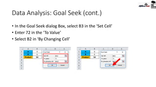 Data Analysis: Goal Seek (cont.)
• In the Goal Seek dialog Box, select B3 in the ‘Set Cell’
• Enter 72 in the ‘To Value’
• Select B2 in ‘By Changing Cell’
 