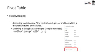 Pivot Table
• Pivot Meaning:
• According to dictionary: “the central point, pin, or shaft on which a
mechanism turns or oscillates.”
• Meaning in Bengali [According to Google Translate]:
“অপরিহার্য গুরুত্বপূর্য ব্যারি” (!!)
 