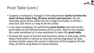 Pivot Table (cont.)
• Suppose a company’s manager of the department wants to know the
count of how many Prop_ID were correct and incorrect. He can
manually count those values but for a large set of data, it will be a
slow task. But there is a way to do this easily.
• In his excel workbook, he will hit the Insert button and click on the
pivot table on the leftmost button of his screen. Now he can choose
the same worksheet or a new worksheet to open this pivot table.
• To know the count of Correct and Incorrect values in that prop_id the
Status field which is correct or incorrect will be drag down to rows
section and the values the count in reference of the property id’s the
Prop_ID will be drag down to Values Section.
 