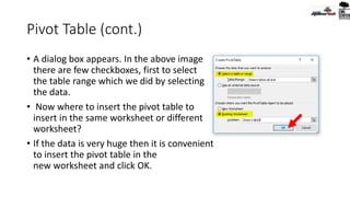 Pivot Table (cont.)
• A dialog box appears. In the above image
there are few checkboxes, first to select
the table range which we did by selecting
the data.
• Now where to insert the pivot table to
insert in the same worksheet or different
worksheet?
• If the data is very huge then it is convenient
to insert the pivot table in the
new worksheet and click OK.
 