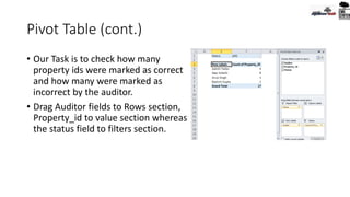 Pivot Table (cont.)
• Our Task is to check how many
property ids were marked as correct
and how many were marked as
incorrect by the auditor.
• Drag Auditor fields to Rows section,
Property_id to value section whereas
the status field to filters section.
 