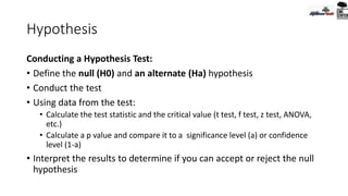 Hypothesis
Conducting a Hypothesis Test:
• Define the null (H0) and an alternate (Ha) hypothesis
• Conduct the test
• Using data from the test:
• Calculate the test statistic and the critical value (t test, f test, z test, ANOVA,
etc.)
• Calculate a p value and compare it to a significance level (a) or confidence
level (1-a)
• Interpret the results to determine if you can accept or reject the null
hypothesis
 