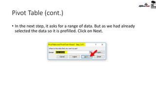 Pivot Table (cont.)
• In the next step, it asks for a range of data. But as we had already
selected the data so it is prefilled. Click on Next.
 