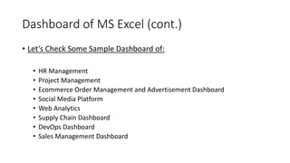 Dashboard of MS Excel (cont.)
• Let’s Check Some Sample Dashboard of:
• HR Management
• Project Management
• Ecommerce Order Management and Advertisement Dashboard
• Social Media Platform
• Web Analytics
• Supply Chain Dashboard
• DevOps Dashboard
• Sales Management Dashboard
 