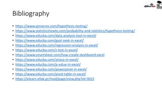 Bibliography
• https://www.qimacros.com/hypothesis-testing/
• https://www.statisticshowto.com/probability-and-statistics/hypothesis-testing/
• https://www.educba.com/data-analysis-tool-in-excel/
• https://www.educba.com/goal-seek-in-excel/
• https://www.educba.com/regression-analysis-in-excel/
• https://www.educba.com/z-test-in-excel/
• https://www.smartsheet.com/how-create-dashboard-excel
• https://www.educba.com/anova-in-excel/
• https://www.educba.com/p-value-in-excel/
• https://www.educba.com/powerpivot-in-excel/
• https://www.educba.com/pivot-table-in-excel/
• https://elearn.ellak.gr/mod/page/view.php?id=3015
 